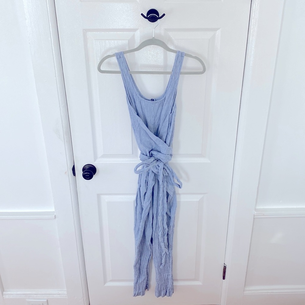 HATCH maternity “The Drapey Wrap-Around” seersucker sleeveless jumpsuit